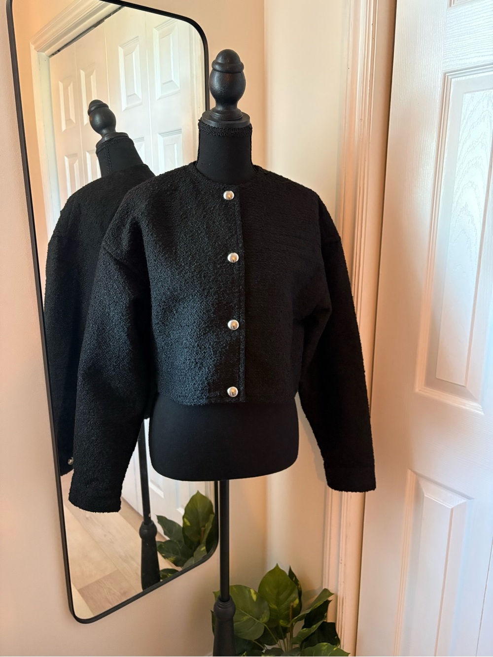 H&M Black Cropped Teddy Jacket with Pearl-Style Buttons